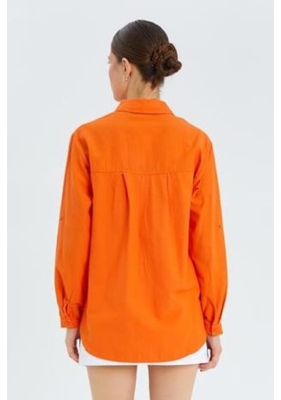 Mixray 9942 Kadın Oxford Uzun Kol Basic Gömlek Oranj