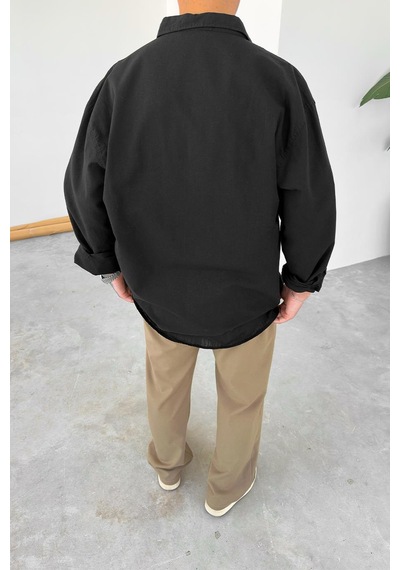 Siyah Oversize Fresh Keten Gömlek Siyah