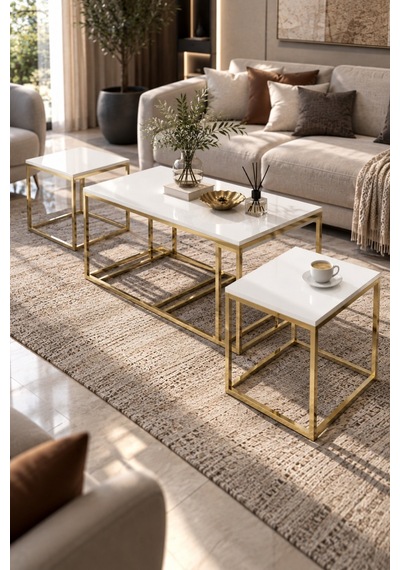Sulorahome 4'lü Beyaz Ve Gold Metal Sehpa Seti Beyaz - Altın