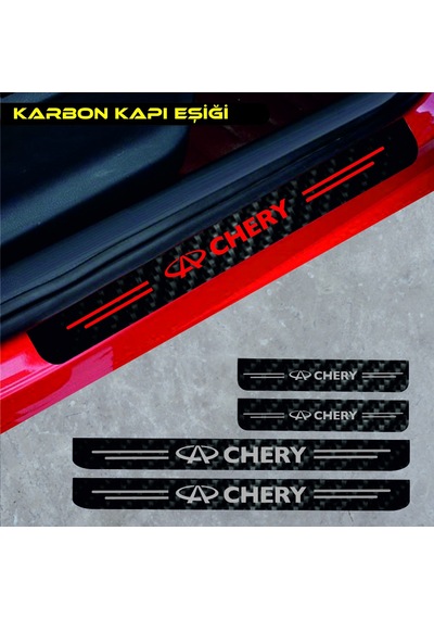 Chery Kimo İçin Uyumlu Aksesuar Oto Kapı Eşiği Sticker Karbon 4 Adet Kırmızı