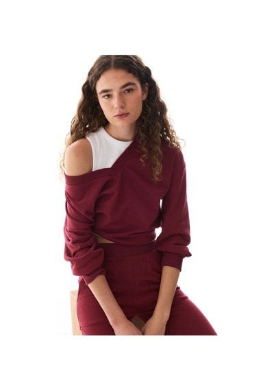 Penti Bordo Geniş V Yaka Uzun Kollu Sweatshirt