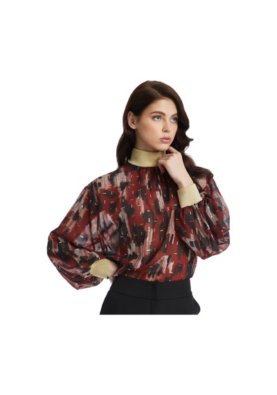 Serpil Exclusive Parlak Detaylı Desenli Balon Kol Bluz Modern Yaka Ve Lastikli Bilek Tasarımıyla Şık Seçim Kiremit