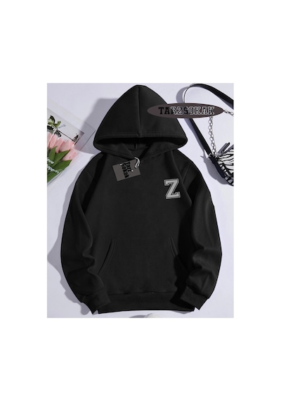 Tarzsokak Kapşonlu Sweatshirt Siyah Z Harfi İsme Özel Tasarım