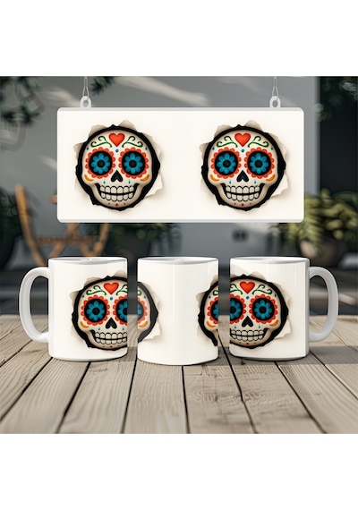 3d Görünümlü Etnik Kafatası Kupa Bardak Renkli Sugar Skull Day Of The Dead Tasarım - Kabartmasız Beyaz