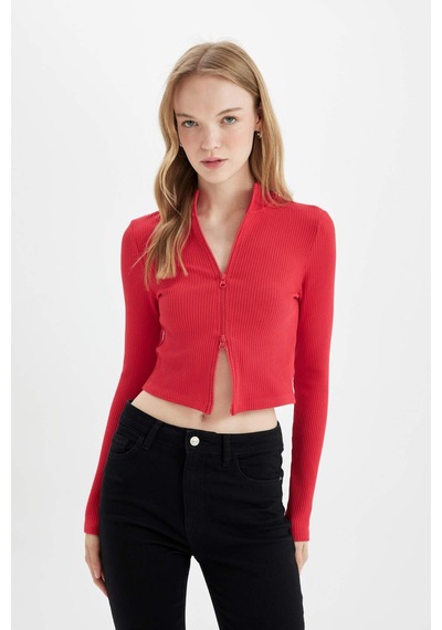 Defacto Fitted Dik Yaka Basic Düz Fermuarlı Fitilli Kaşkorse Crop Kırmızı Hırka D5124AX24AURD54 Kırmızı