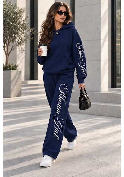 Macklin Unisex Kadın Erkek Martini Girl Kol Paça Baskılı Oversize 3 İplik Kapüşonlu Sweatshirt Ve Baggy Eşofman Altı Lacivert