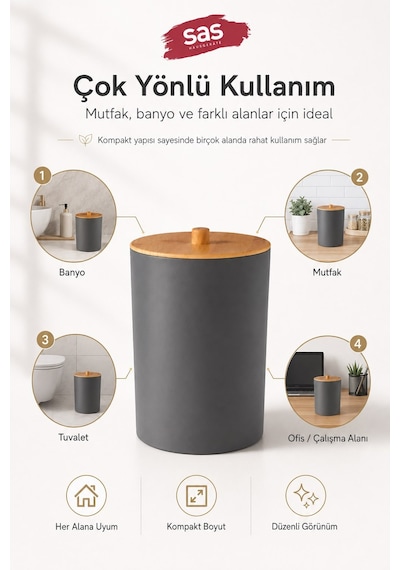 Sas Haus Bambu Desen Kapaklı Plastik Çöp Kovası 7 Litre Antrasit Mutfak Banyo Çöp Kovası Antrasit Gri