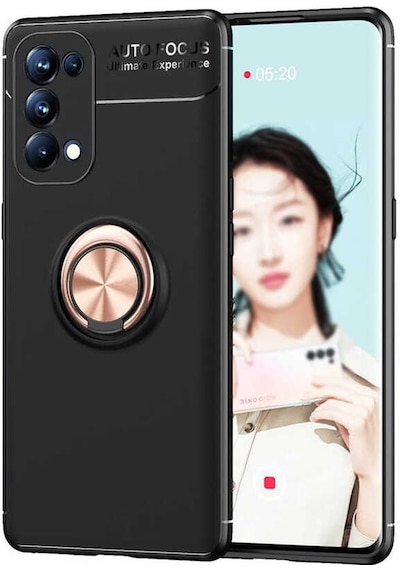 Noktaks - Oppo Reno 5 Pro 5g Uyumlu Kılıf Koruyucu Yüzüklü Karbon Ravel Silikon Kapak - Siyah-rose Gold - T16223