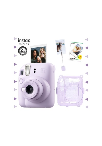 Fujifilm Instax Mini 12 Fotoğraf Makinesi + 20'li Film + Kıskaçlı Resim Standı + Simli Pleksi Kılıf Seti Lila