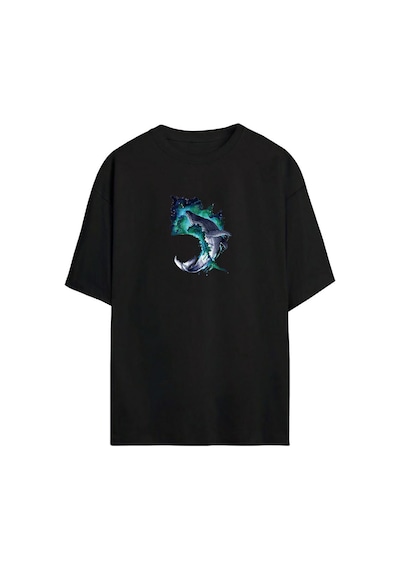 Thewert Unisex Balina Baskılı Siyah Oversize Tshirt