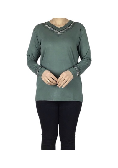 Kadın Yaka Ve Kolağzı Taşlı Likralı Penye Bluz Mint Yeşili