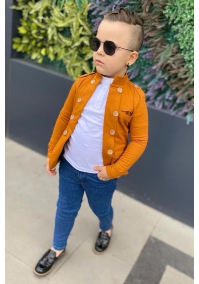 Riccotarz Erkek Çocuk Omzu Ve Ceket Yakası Düğme Detaylı Cepli Blazer Ceketli Hardal Alt Üst Takım 001 Riccotarz Erkek Çocuk Omzu Ve Ceket Yakası Düğme Detaylı Cepli Blazer Ceketli Hardal Alt Üst Takım 001