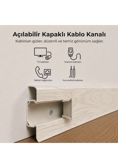 Esquero Kablo Kanallı PVC Süpürgelik 250  cm, Açılabilir Kapaklı, Çınar California, ESQ603