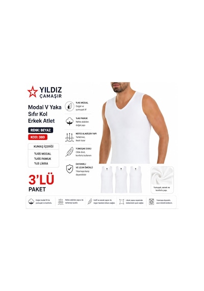 Yıldız Çamaşır Erkek Modal V Yaka Sıfır Kol Likralı Fanila Atlet 380-381 - 3 Adet Beyaz