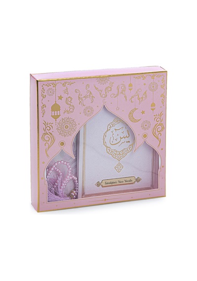 Pembe Çeyizlik Seccade Seti Gelin Bohçasına Uygun Dini Hediyelik İsme Özel Yasin Kitabı 001