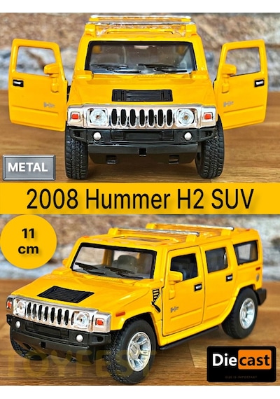 2008 Hummer H2 Suv Çek Bırak Die - Cast Kapıları Açılabilen Metal Model Araba - Sarı 11.5 Cm