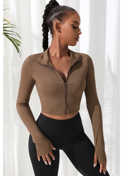 Fantezia Night Kadın Kahverengi Uzun Kol Fermuarlı Parmak Geçme Detaylı Dik Yaka Crop Top Bluz