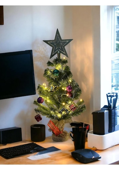 Lapidaria 30 Cm Süslü Ve Led Işıklı Yılbaşı Çam Ağacı Kütük Tabanlı Jüt Ipli Ofis Masa Üstü Ünite Yan Diğer