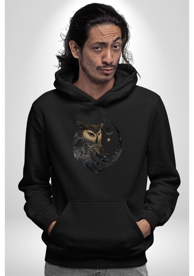 Ay Yıldız Bakır Renk Baykuş Kadın Erkek Siyah Kapüşonlu Sweatshirt Hoodie Siyah