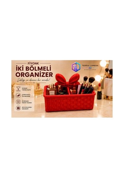 Fiyonk Makyaj Organizeri 2 Bölmeli Masaüstü Kozmetik Düzenleyici Kırmızı