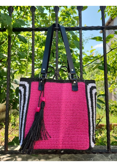 Fikriharika Design Pink Maze, Kağıt İp, Kadın Omuz Çantası Siyah - Beyaz - Fuşya