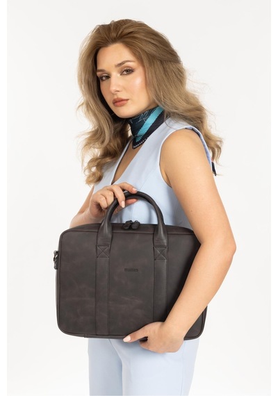 Mussen Hakiki Deri Organizer Macbook Laptop Evrak Çantası 13" & 14" İnç Asfalt Tiana
