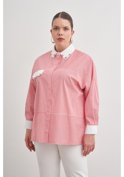 Aker Kırmızı Çizgili Cotton Taş Işlemeli Gömlek Kırmızı Kırmızı