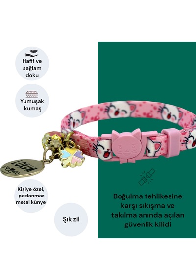 Caramelos İsimli Güvenlik Kilitli Kedi Tasması Pembe