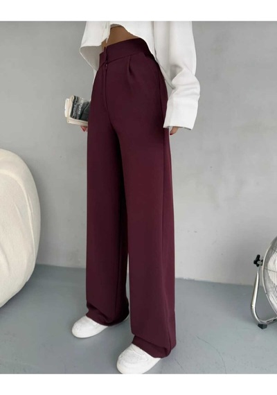 Nevege Butik Kadın Örme Kumaş Full Likralı Düğmeli Palazzo-bordoo02 Bordo0102 Bordo