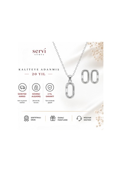 Servi 925 Ayar Gümüş Baget Taşlı Minimal Oval Kolye Ve Küpe Seti-482