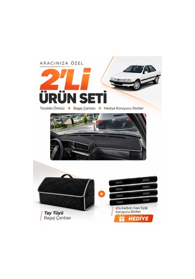 Peugeot 405 1987-1992 Uyumlu Torpido Örtüsü + Tay Tüyü Bagaj Çantası + Sticker Seti - Siyah Gri