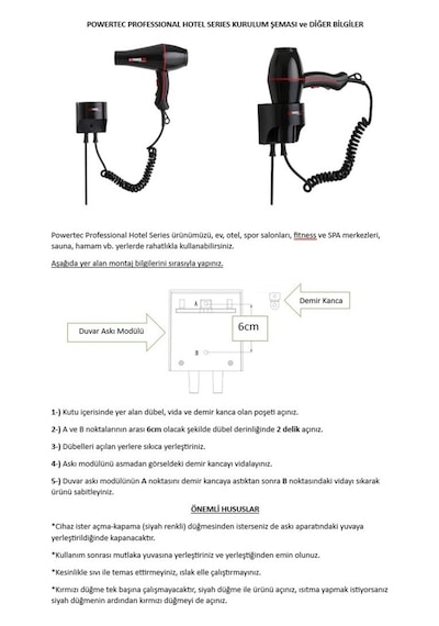 Powertec TR-301 Askı Aparatlı Otel Tipi Profesyonel Saç Kurutma & Fön Makinesi