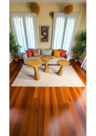 Simillo 3 Lü Masif Ahşap Mantar Sehpa Koyu Ceviz Renkli Doğal Zigon Yan Sehpa Seti - Wooden Mushroom Coffee Table Koyu Ceviz