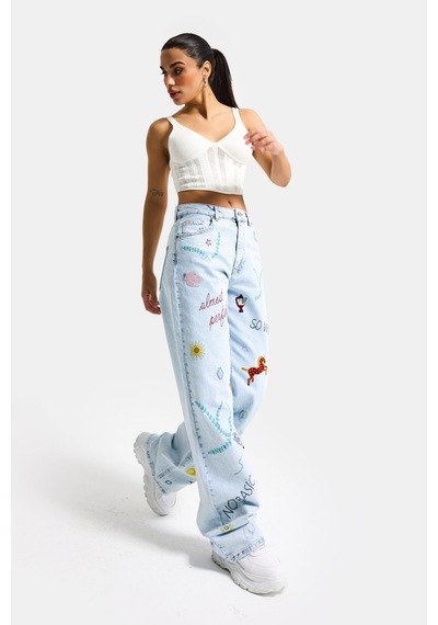 Itsbasic Kadın Ice 3s6-100 Straight Fit Özel Figür Nakışlı Tasarım Denim Jean Buz Mavi