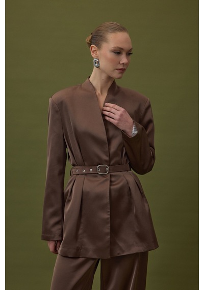 Lisa Kemerli Saten Ceket - Kahve-136928 Kahve