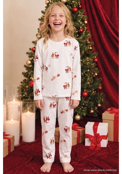Siyah İnci Ekru Yılbaşı Temalı Desenli Termal Kumaşlı Ultra Soft Yumuşak Örme Pijama Takımı 26226923
