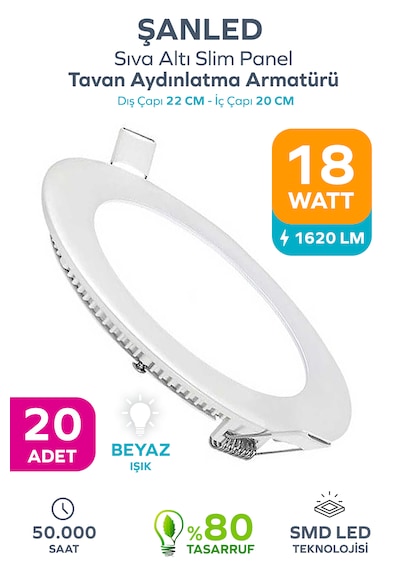 18w Tasarruflu Led Yuvarlak Beyaz Işık Sıva Altı Slim Panel Tavan Aydınlatma Armatürü-20 Adettir