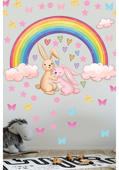 Gökkuşağı Sevimli Tavşanlar Yıldızlar Ve Kalpler Sticker