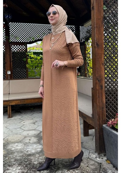 Rabia Şamlı Zebra Desen Triko Elbise Camel Normal