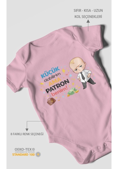 Morivokids Küçük Olabilirim Ama Patron Benim Kısa Kollu Bebek Body Koyu Pembe