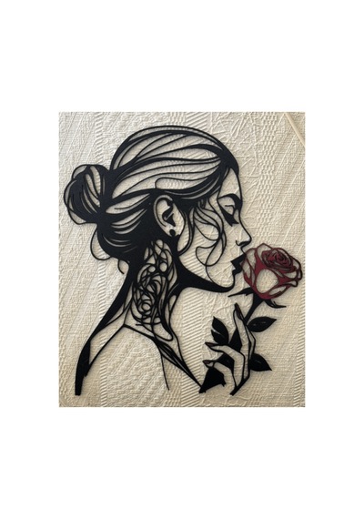 Zeroxo Güllü Kadın Silüeti Duvar Dekoru Siyah Kırmızı Romantik Wall Art Tablo 24x21 Cm