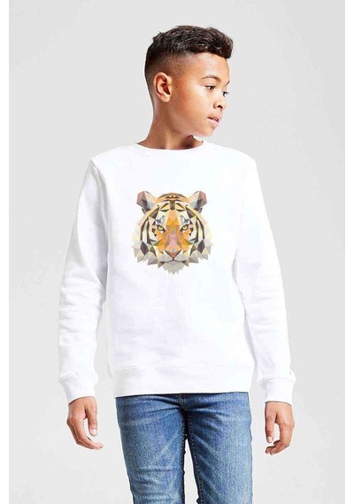 Tshirthane Polygonal Head Tiger Kaplan Baskılı Unisex Çocuk Beyaz Sweatshirt