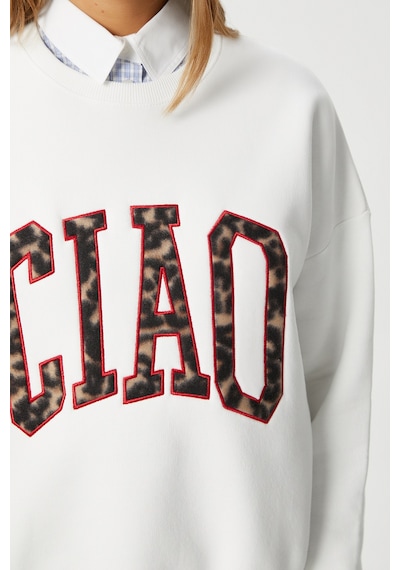 Kadın Ciao Nakışlı İçi Polarlı Leopar Ekru Oversize Seeatshirt Ekru