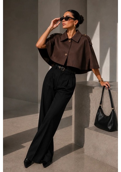 Bb Butik Basic Kadın Premiun Omuz Apoletli Crop Panço Trençkot Fs3434 Kahverengi