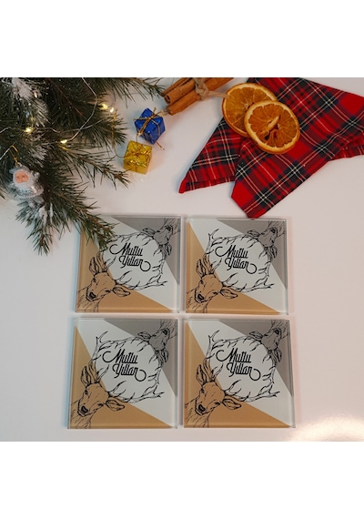 Decorita Cam Bardak Altlığı Mutlu Yıllar Happy Deer 4'lü Takım Çok Renkli