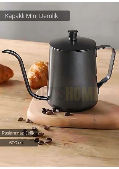 Kapaklı Demlik Paslanmaz Kahve Demliği İndüksiyon Uyumlu Çelik Demlik 600 Ml Siyah