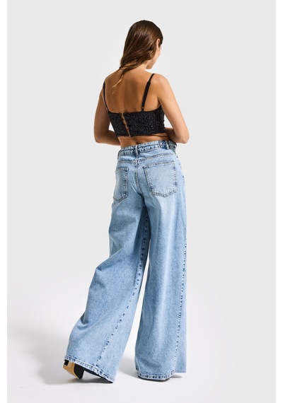 it's basic Kadın Kot Rengi 4s6-3 Baggy Palazzo Fit Kemer Detaylı %100 Koton Denim Jean Mavi