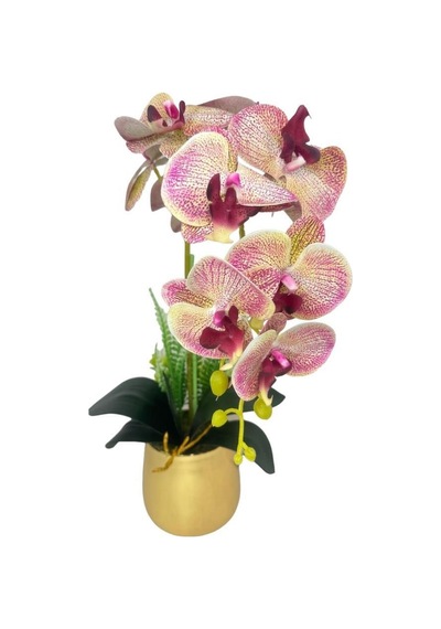 Yapay Çiçek Pembe Çilli Islak Orkide Gold Metal Saksıda Seramik Saksıda Orkide 60cm