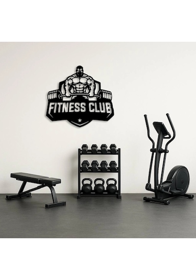 Fitness Club Amblem Tasarımlı Metal Duvar Tablosu Siyah