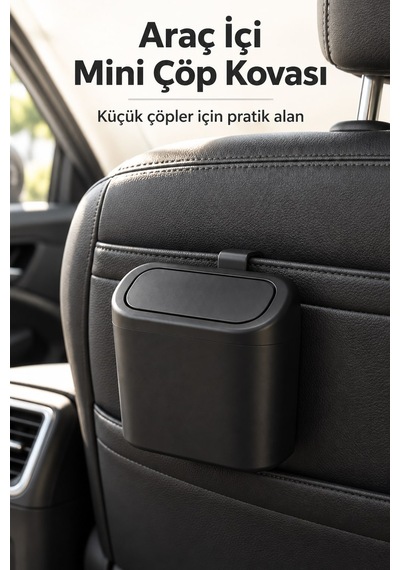 Araç İçi Mini Kapaklı Çöp Kovası Askı Aparatlı Siyah